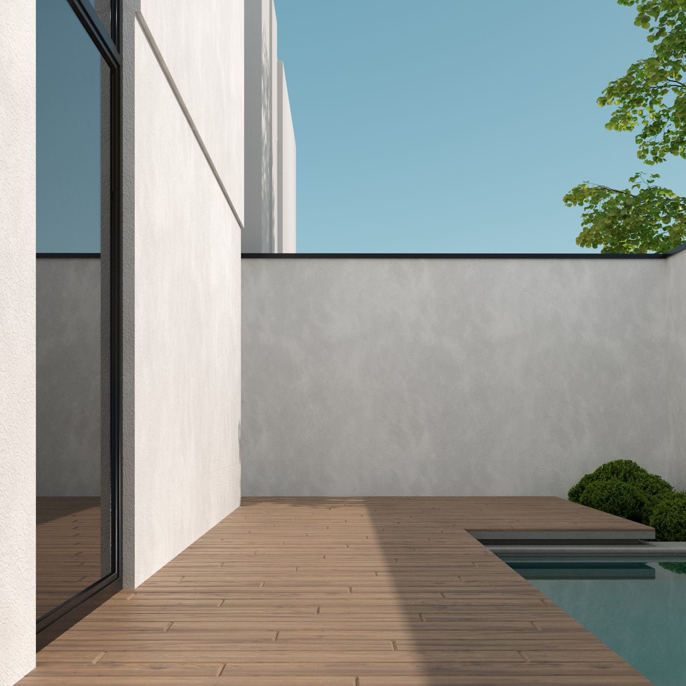 Composite deck with pool and glass doors